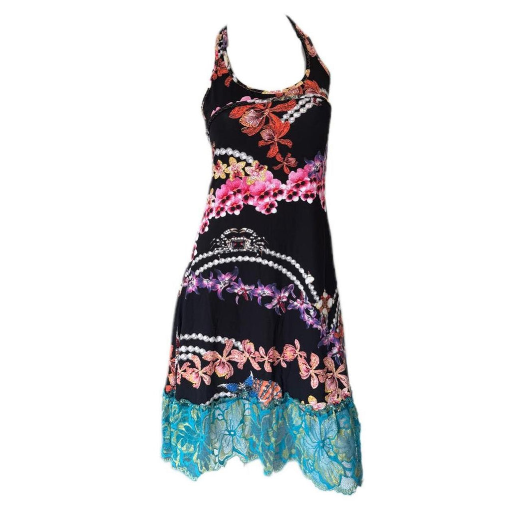 Vintage Just Cavalli Black Orchid Print Lace Trim Racerback Mini Dress