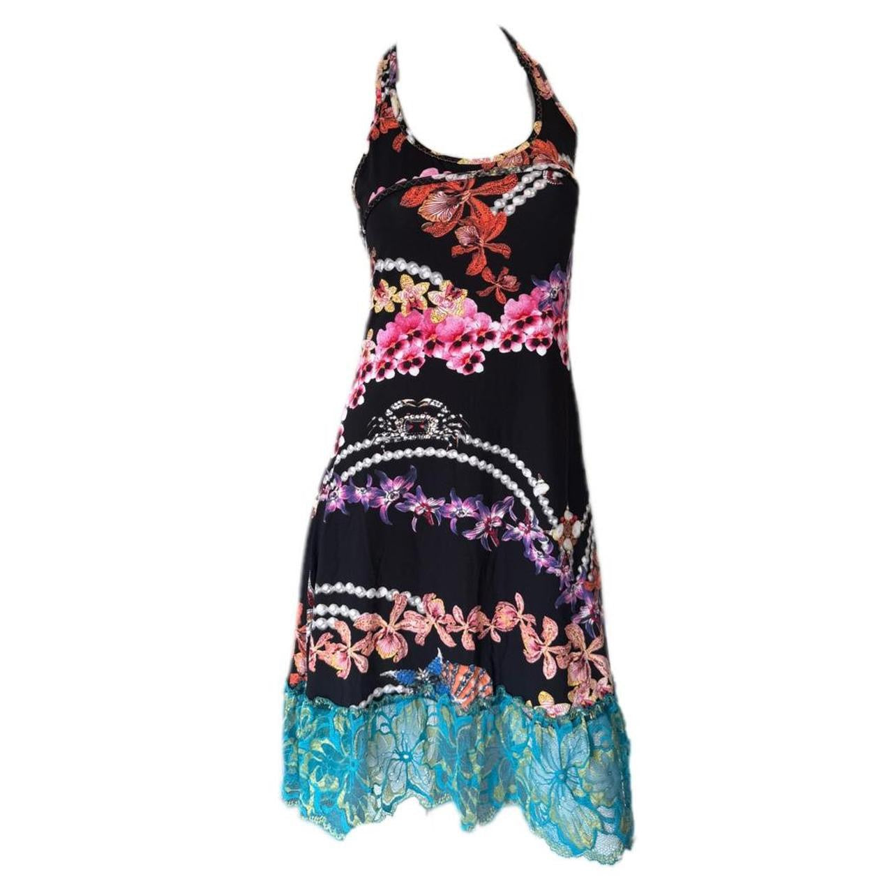 Vintage Just Cavalli Black Orchid Print Lace Trim Racerback Mini Dress