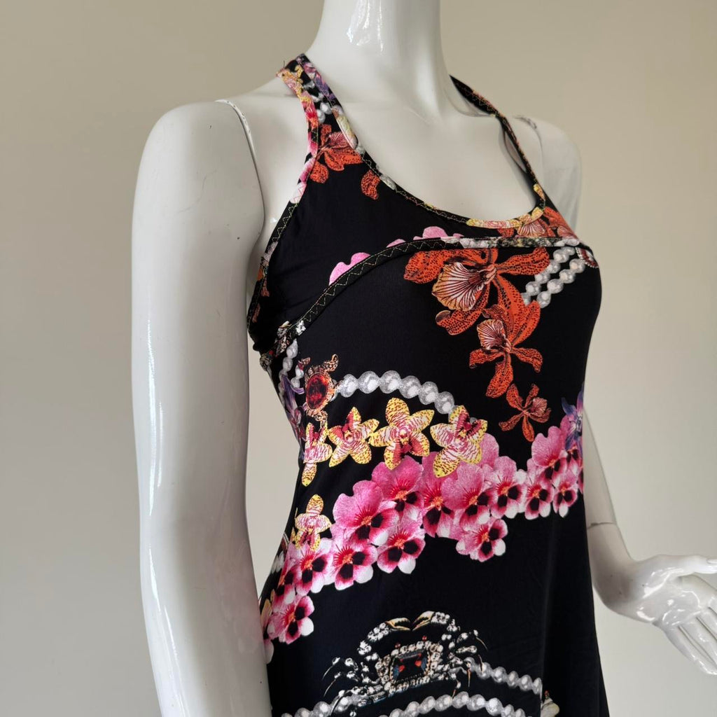 Vintage Just Cavalli Black Orchid Print Lace Trim Racerback Mini Dress