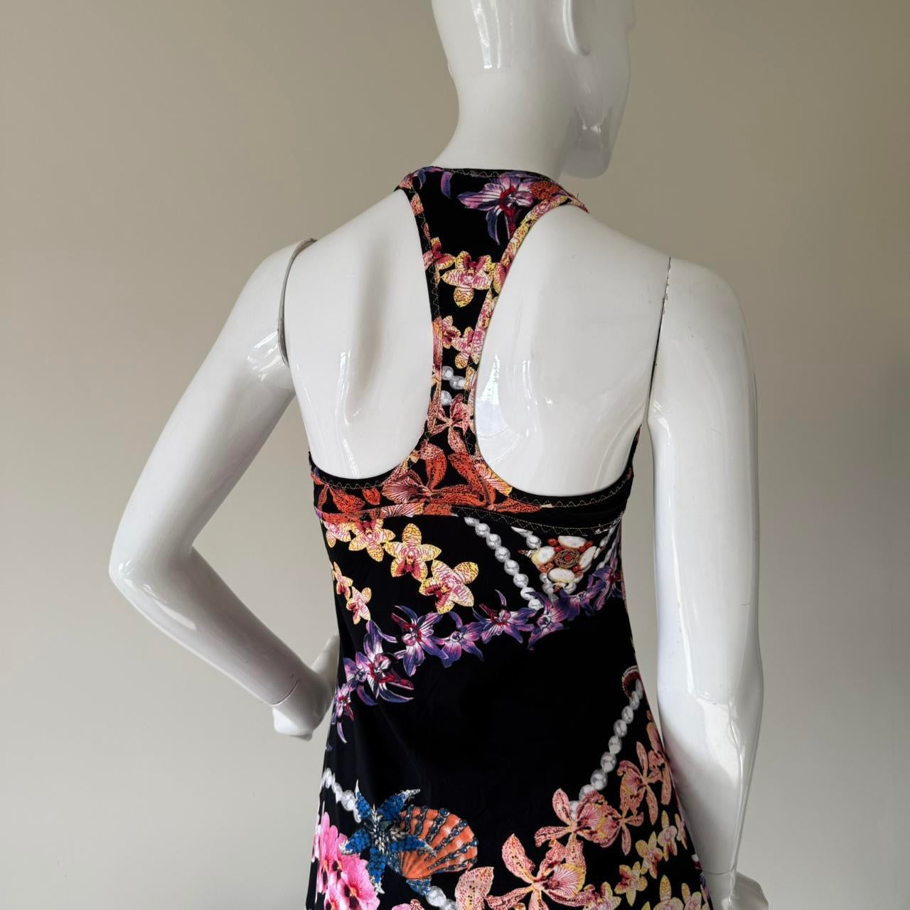 Vintage Just Cavalli Black Orchid Print Lace Trim Racerback Mini Dress