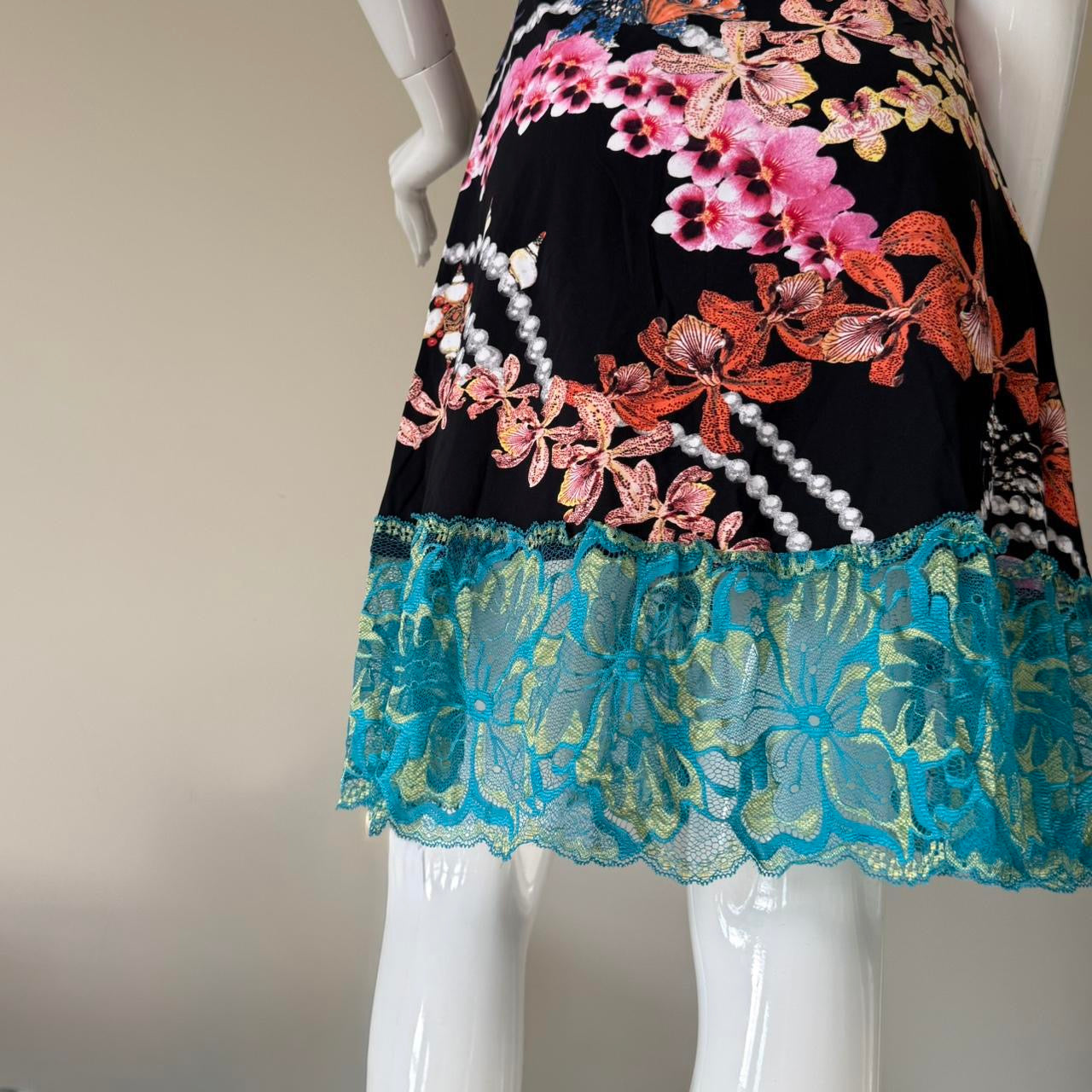Vintage Just Cavalli Black Orchid Print Lace Trim Racerback Mini Dress