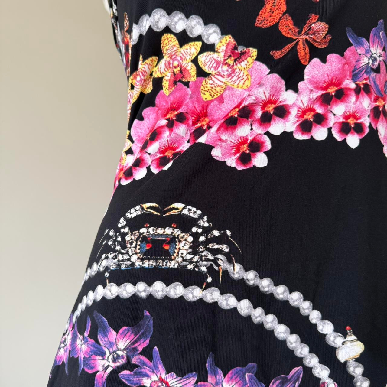 Vintage Just Cavalli Black Orchid Print Lace Trim Racerback Mini Dress