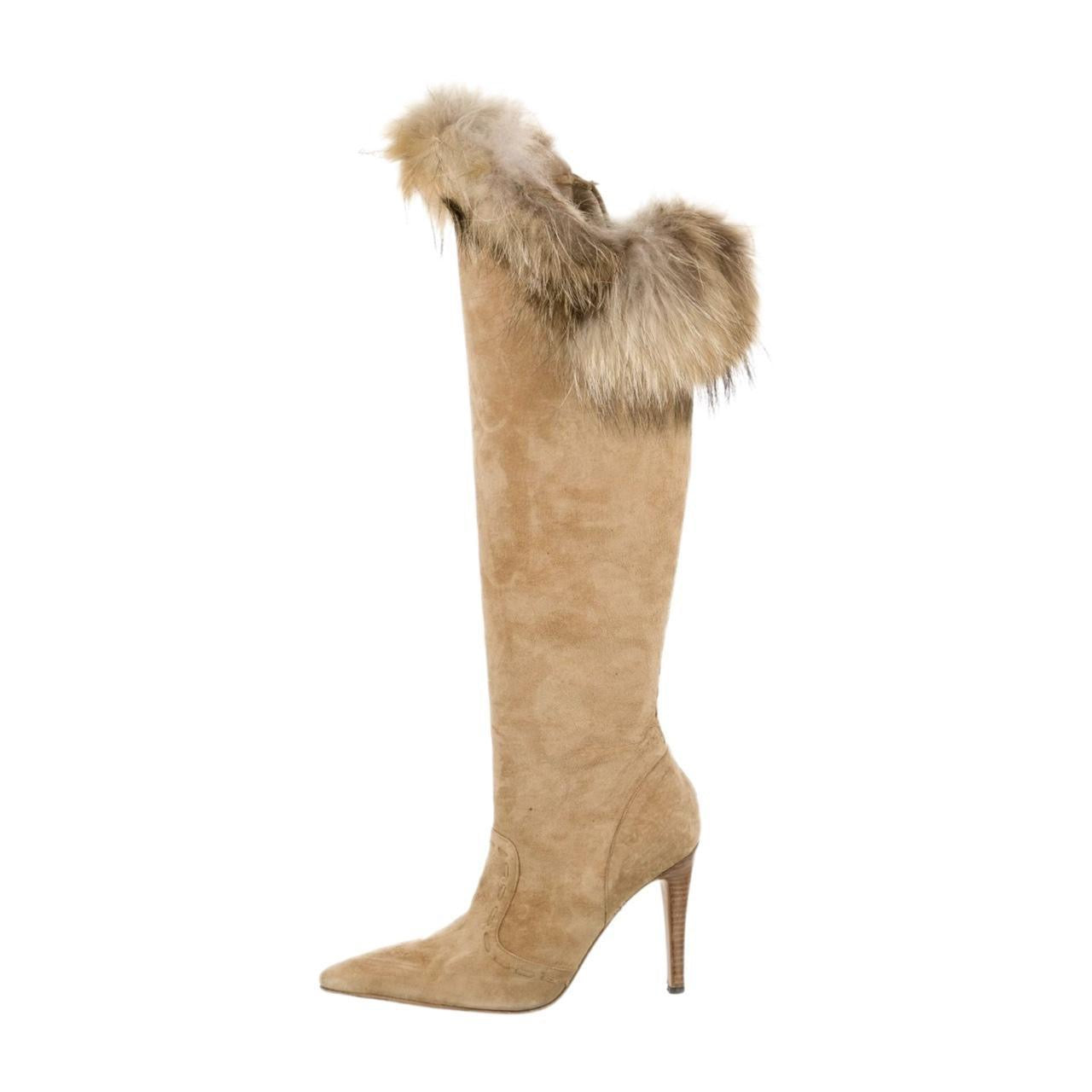Vintage Manolo Blahnik Suede Fur Stiletto Knee High Boots
