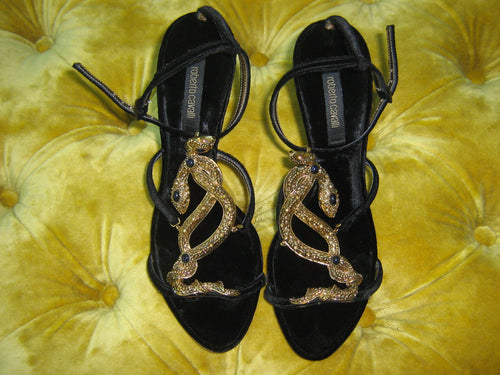 Vintage Roberto Cavalli Velvet Snake Embellished Black Heel Sandals