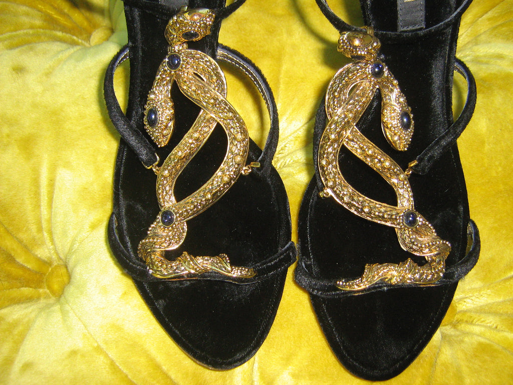 Vintage Roberto Cavalli Velvet Snake Embellished Black Heel Sandals