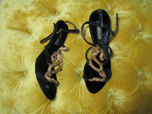Vintage Roberto Cavalli Velvet Snake Embellished Black Heel Sandals