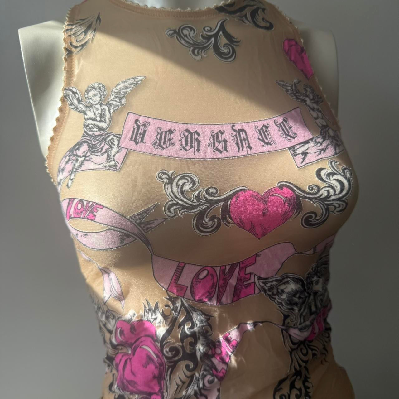 Vintage Versace Mesh Tattoo Slogan Tank Top
