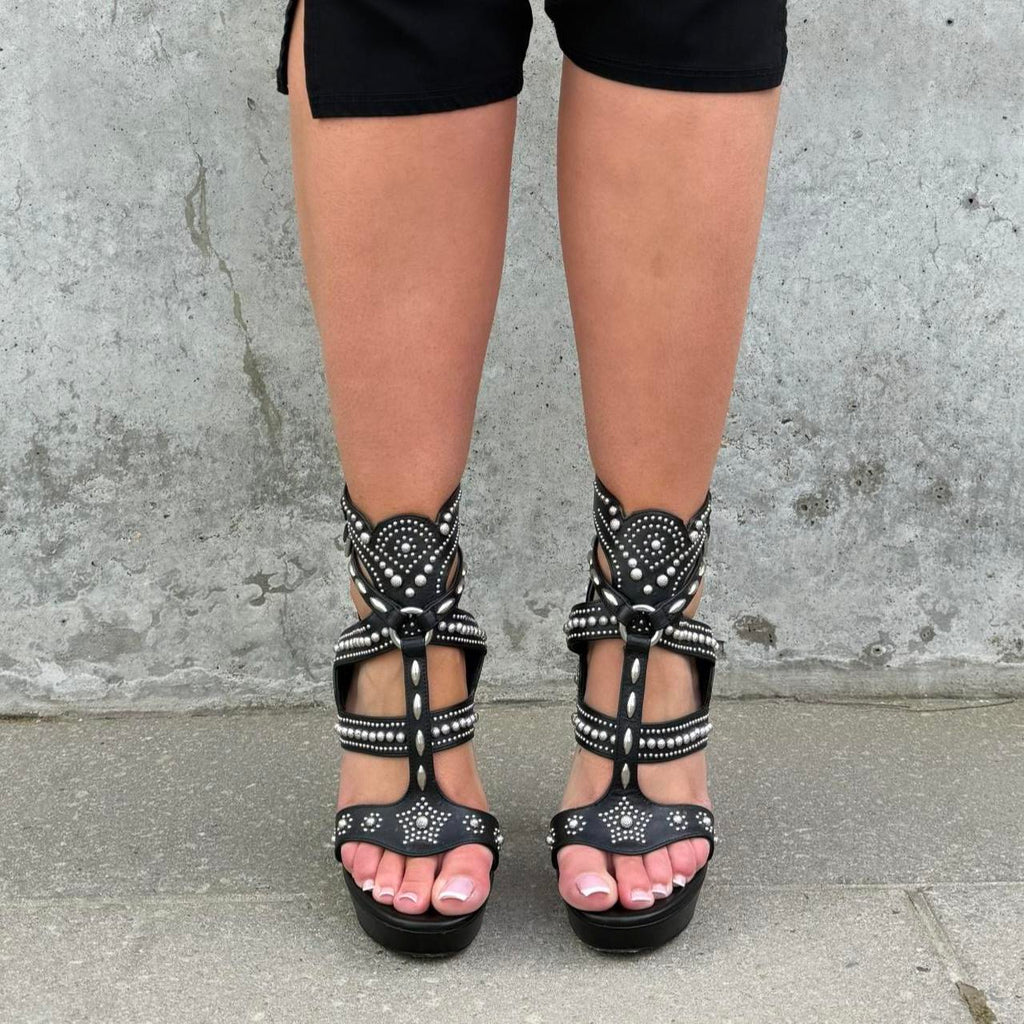 Alexander McQueen Black Leather Studded Platform Gladiator High Heel Sandals