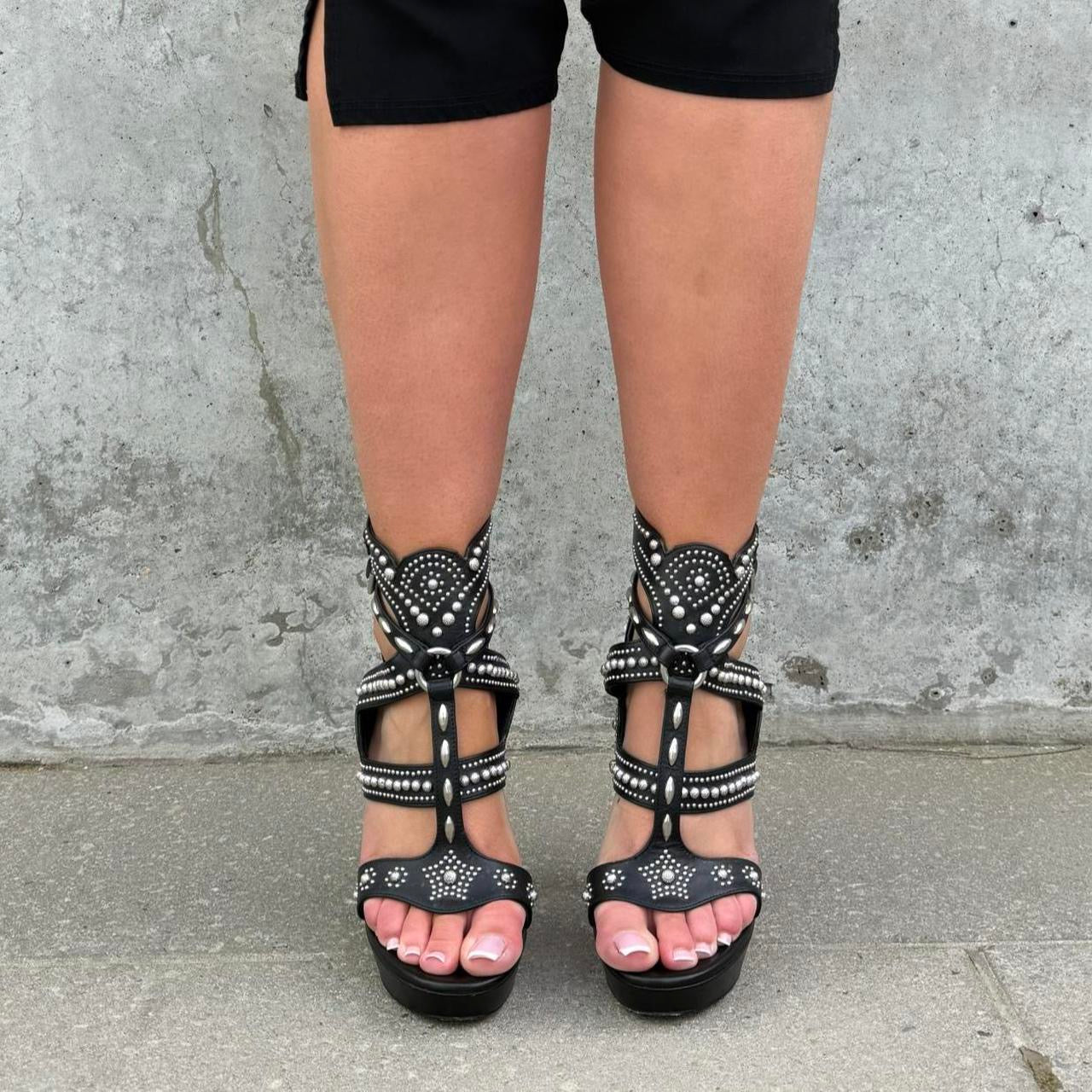 Alexander McQueen Black Leather Studded Platform Gladiator High Heel Sandals