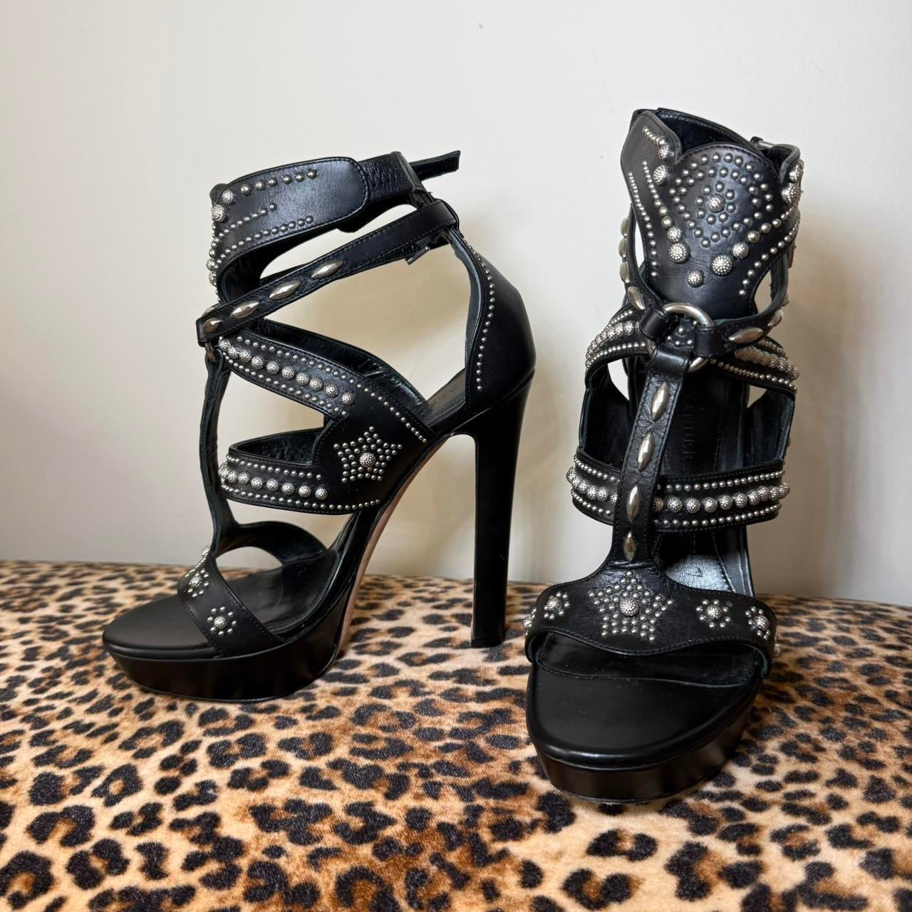 Alexander McQueen Black Leather Studded Platform Gladiator High Heel Sandals