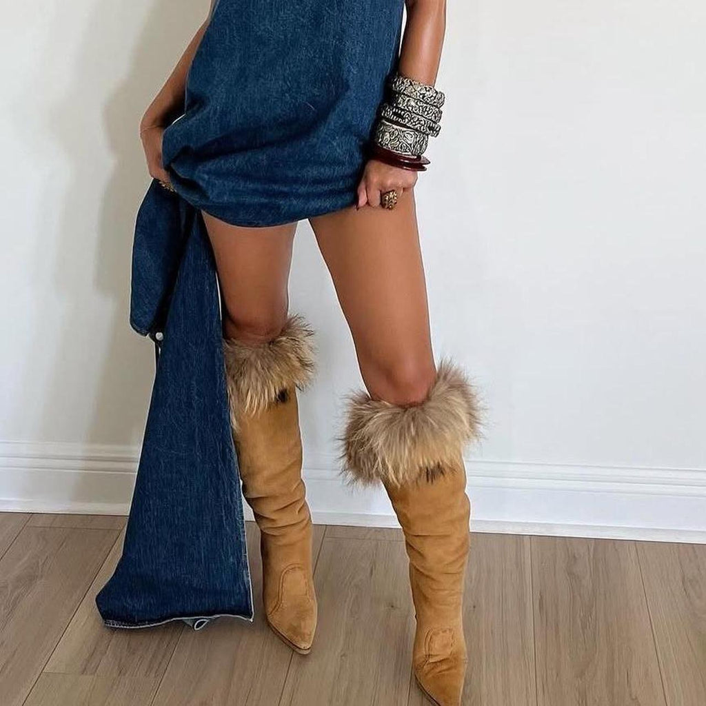 Vintage Manolo Blahnik Suede Fur Stiletto Knee High Boots