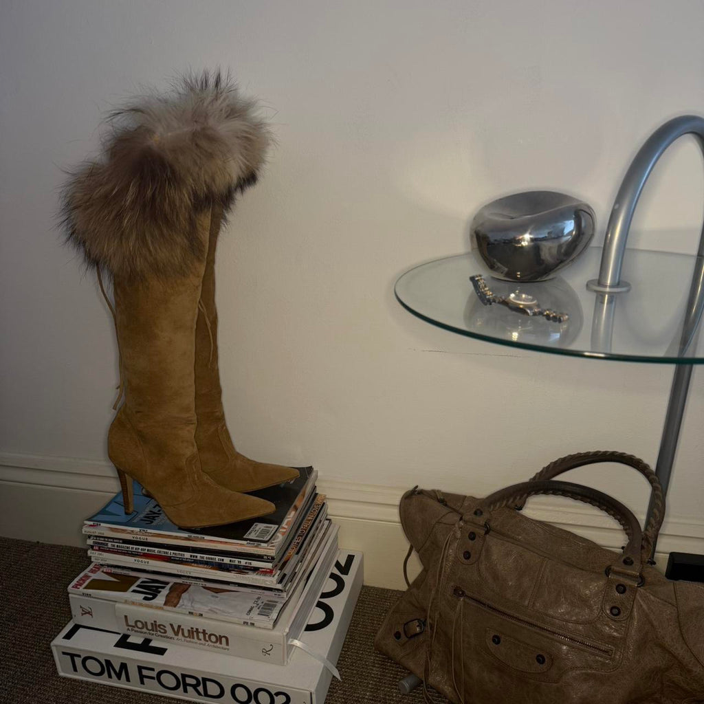 Vintage Manolo Blahnik Suede Fur Stiletto Knee High Boots