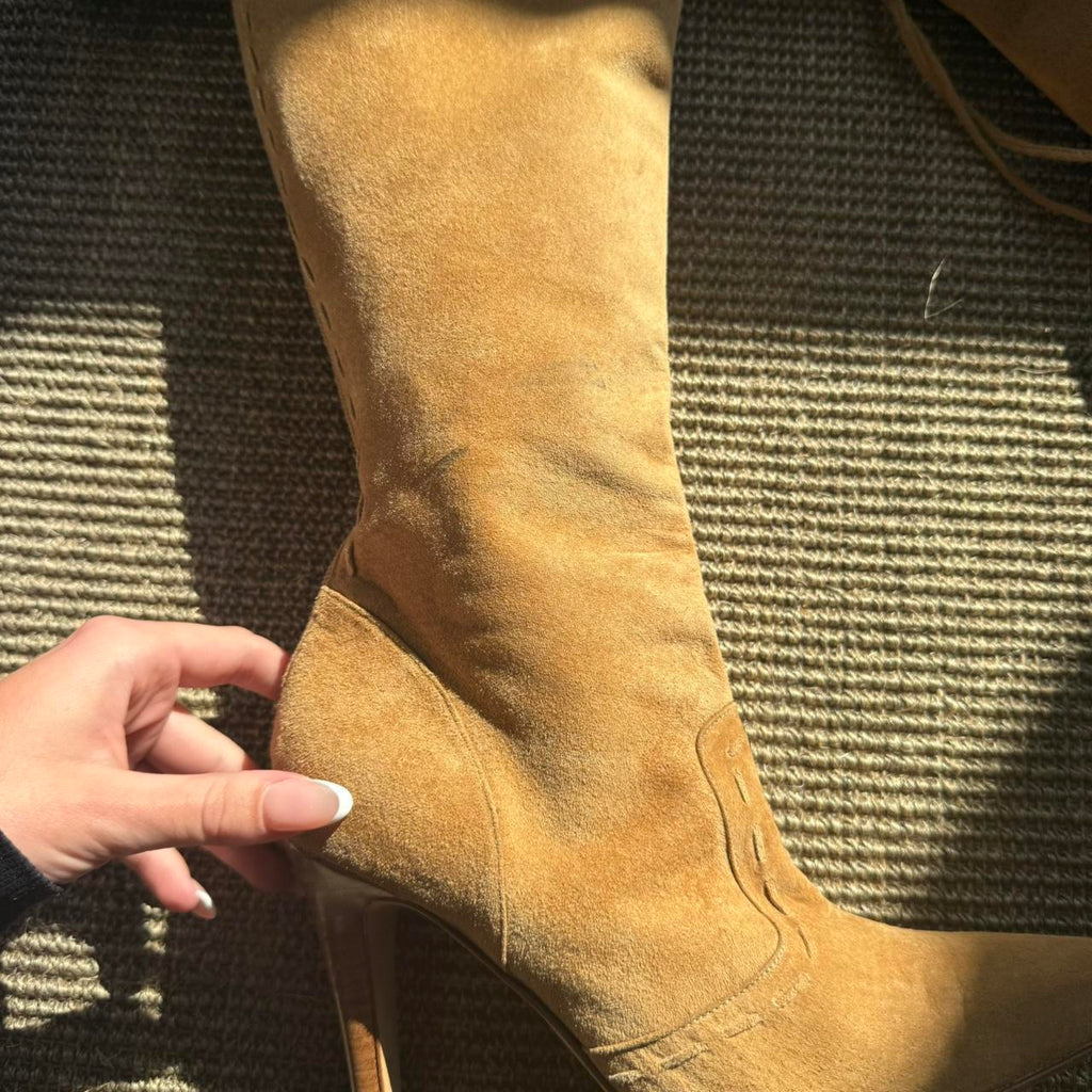 Vintage Manolo Blahnik Suede Fur Stiletto Knee High Boots