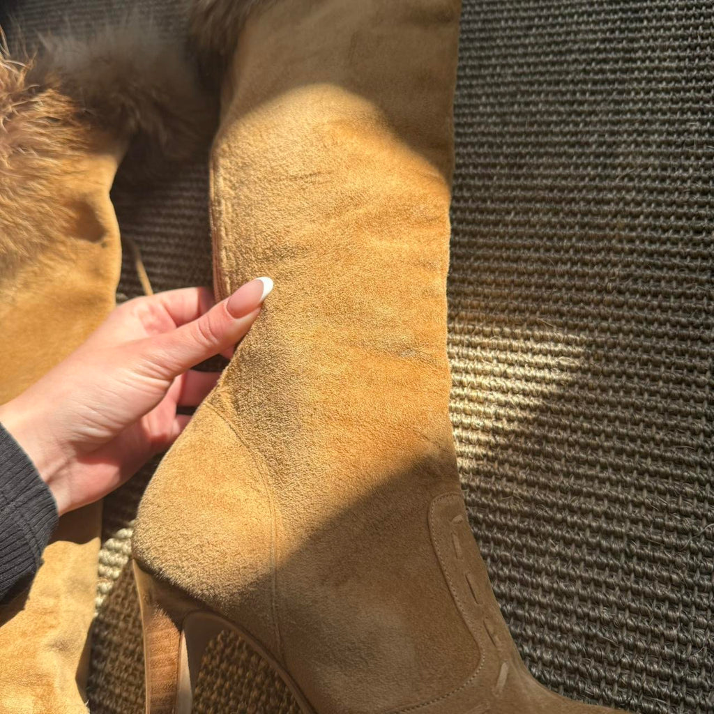 Vintage Manolo Blahnik Suede Fur Stiletto Knee High Boots