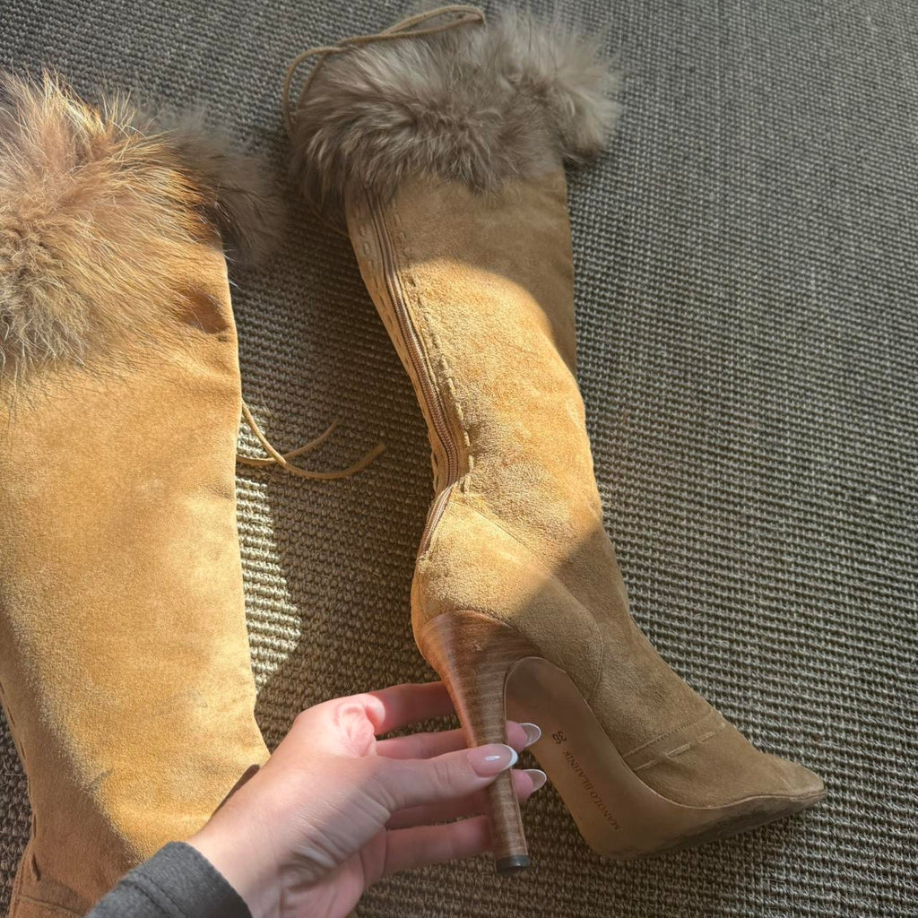 Vintage Manolo Blahnik Suede Fur Stiletto Knee High Boots
