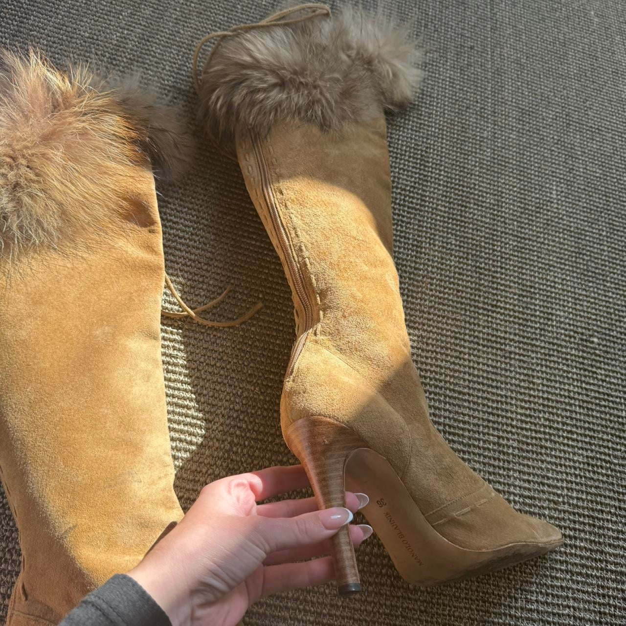 Vintage Manolo Blahnik Suede Fur Stiletto Knee High Boots
