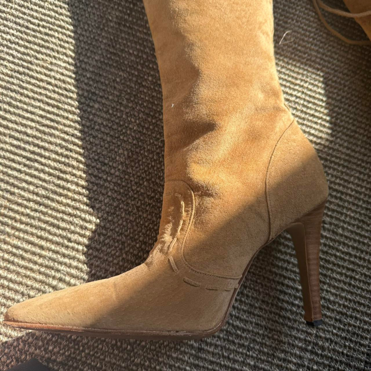 Vintage Manolo Blahnik Suede Fur Stiletto Knee High Boots