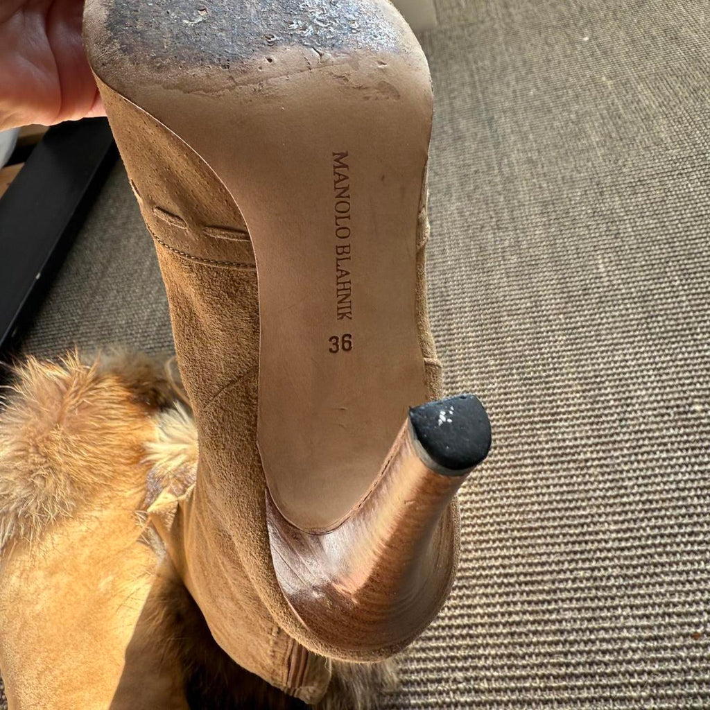Vintage Manolo Blahnik Suede Fur Stiletto Knee High Boots