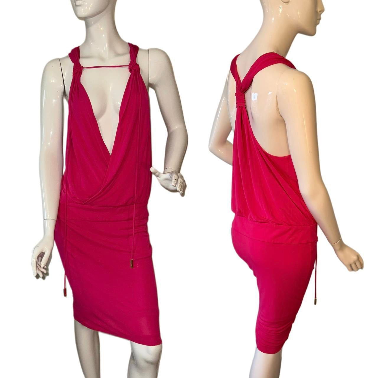 Dsquared2 Hot Pink Drawstring Plunge Midi Dress