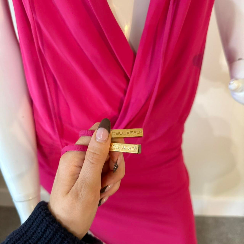 Dsquared2 Hot Pink Drawstring Plunge Midi Dress